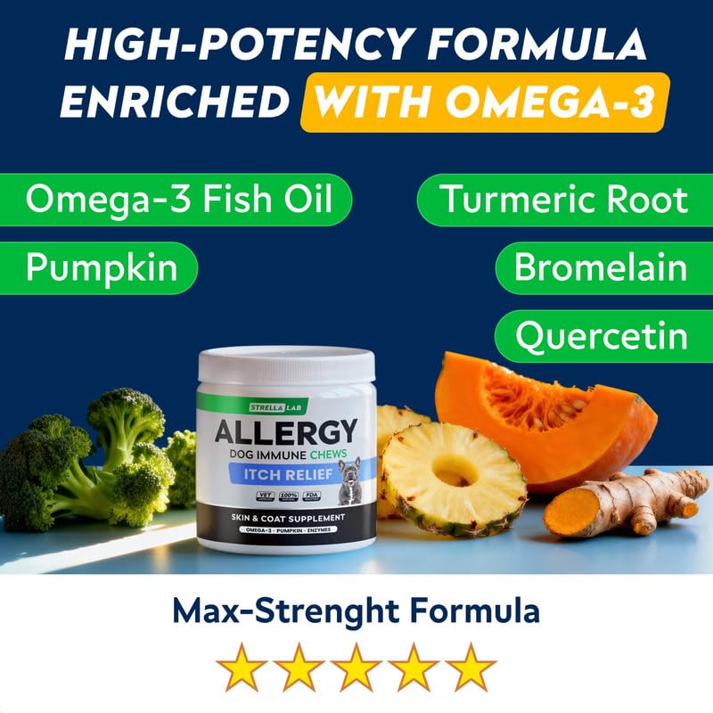 StrellaLab Dog Allergy Relief & Anti Itch Support Chews w/Omega 3: Real Ingredients, Real Taste! Skin & Coat Immune w/Fish Oil, Pumpkin & Enzymes