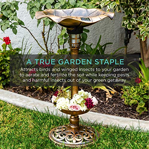 Best Choice Products Outdoor Solar Lighted Pedestal Bird Bath Fountain Decoration w/Planter, Integrated Panel, Scroll Accents for Lawn, Garden - Bronze