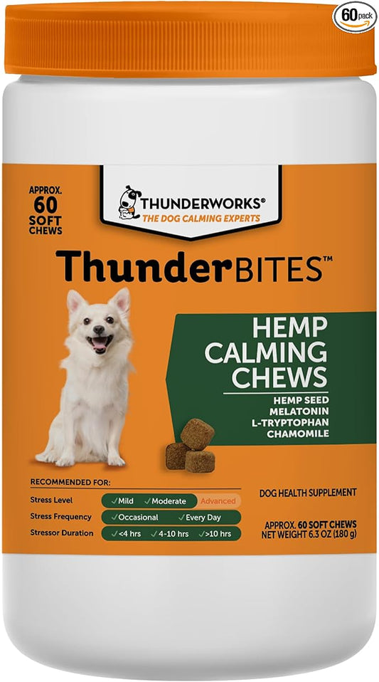 ThunderBites Hemp Calming Chews for Dogs, Everyday Use Can Help Relieve Stress from Separation, Storms, Fireworks & Travel (60 Count), Formerly