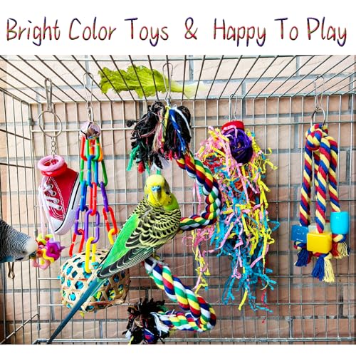 Bird Toys for Parakeet，ESRISE Parrot Conure Chewing Shredding Foraging Toys with Rope Perch, Bird Cage Accessories for Cockatiel Budgies Lovebird