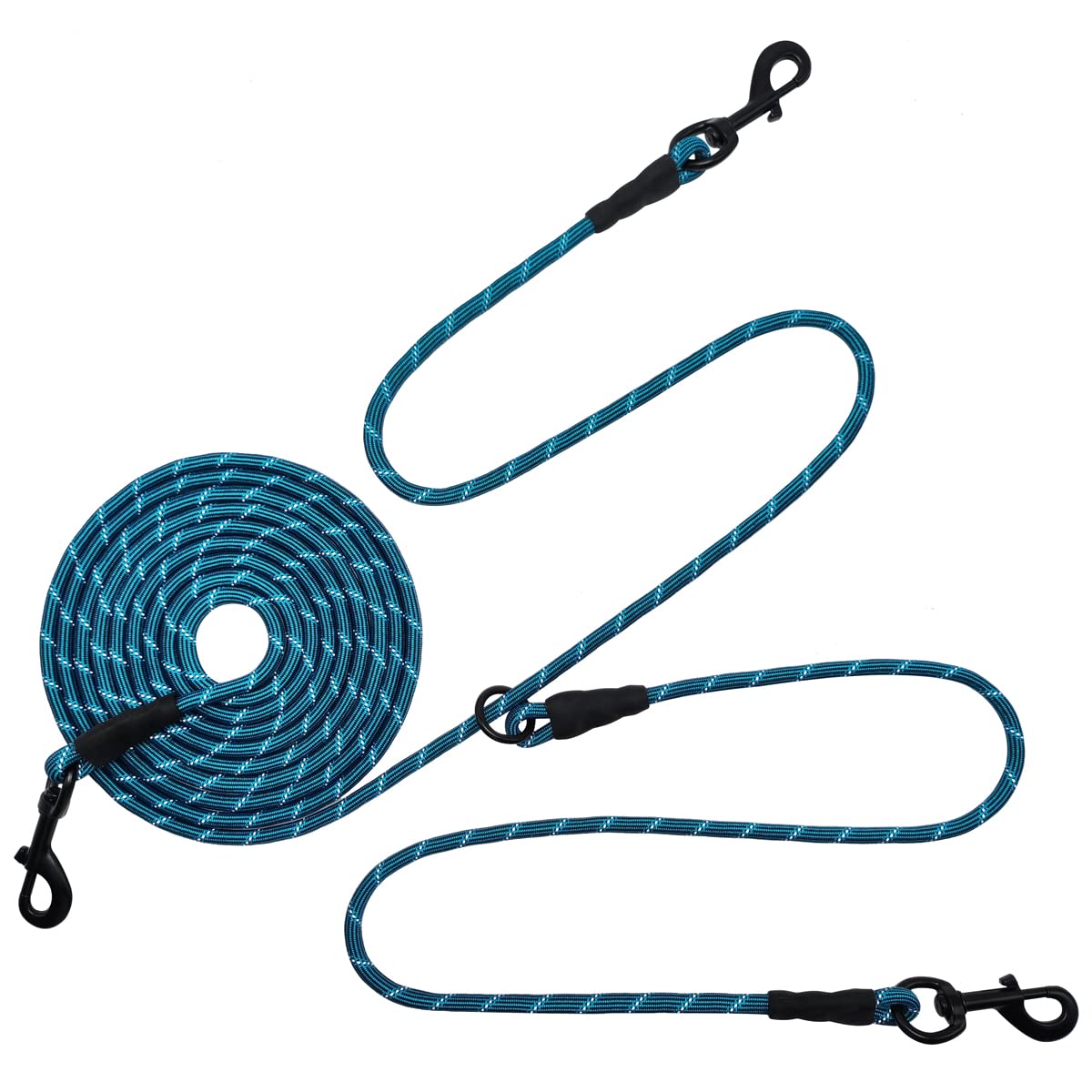 BTINESFUL 12FT 20FT 30FT 50FT Reflective Dog Tie Out for 2 Dogs, No Tangle 20ft by 1/3 Inch Nylon Rope Long Tether for Two Dogs, Dog Trolley Runner