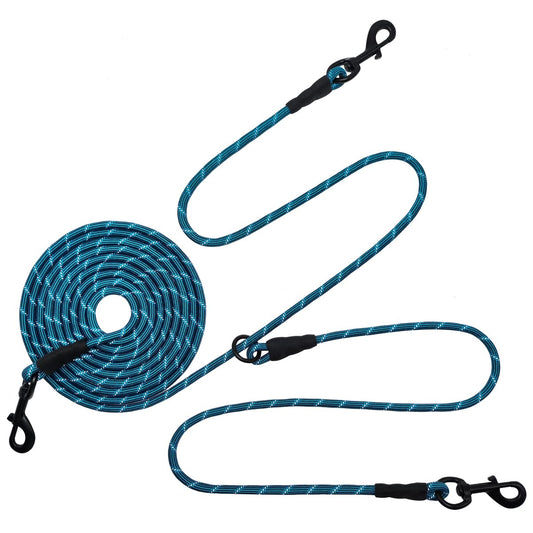 BTINESFUL 12FT 20FT 30FT 50FT Reflective Dog Tie Out for 2 Dogs, No Tangle 20ft by 1/3 Inch Nylon Rope Long Tether for Two Dogs, Dog Trolley Runner