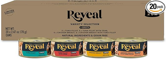 Reveal Natural Wet Canned Cat Food, 4-Flavor Variety Pack, Limited Ingredient, Grain Free, High Protein with No Artificial Additives, Fish and Chicken Variety in Broth (20 x 2.47 oz Cans)