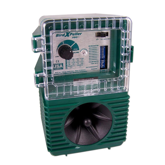 Bird-X BirdXPeller Pro Electronic Bird Preventer Version 1, Sonic Bird Decoy Device, Perfect for Pigeons, Starlings, Sparrows, and Gulls, Covers up to 1 Acre, 3-5 kHz Frequency