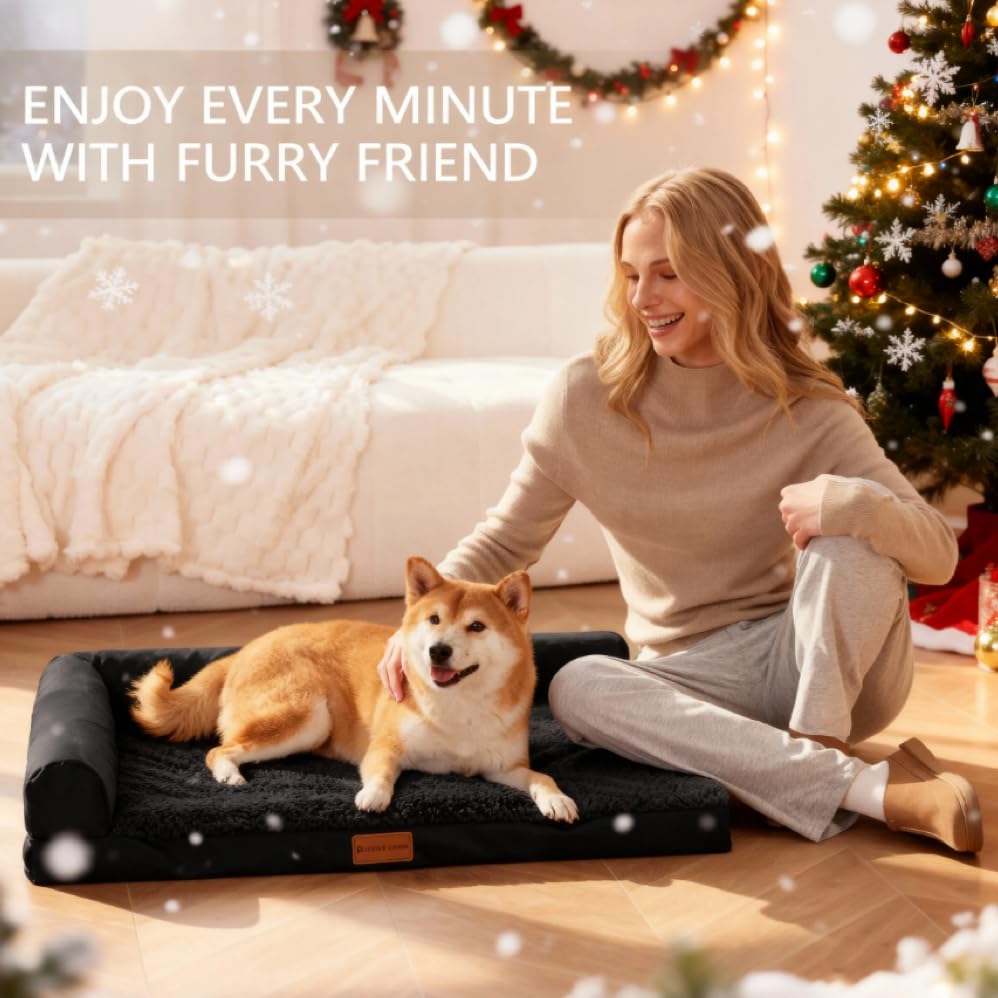Patas Lague Orthopedic Dog Bed Large Sized Dog 36''X24'', Waterproof L Bolster Medium Pet Sofa Beds with Removable Washable Cover, Soft Comfortable Pet Couch Crate Mat with Nonskid Bottom, Black