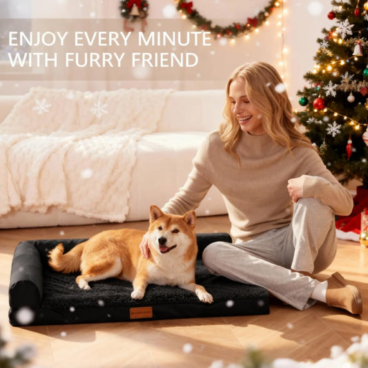 Patas Lague Orthopedic Dog Bed Large Sized Dog 36''X24'', Waterproof L Bolster Medium Pet Sofa Beds with Removable Washable Cover, Soft Comfortable Pet Couch Crate Mat with Nonskid Bottom, Black