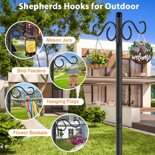 Adjustable Shepherd Hooks for Outdoor, 2 Pack 80 Inch 5 Prong Base Bird Two Sided Feeder Poles, Heavy Duty Shepherds Hook, Suitable for Garden in Hanging Flower Basket, Lantern, Bird Nests