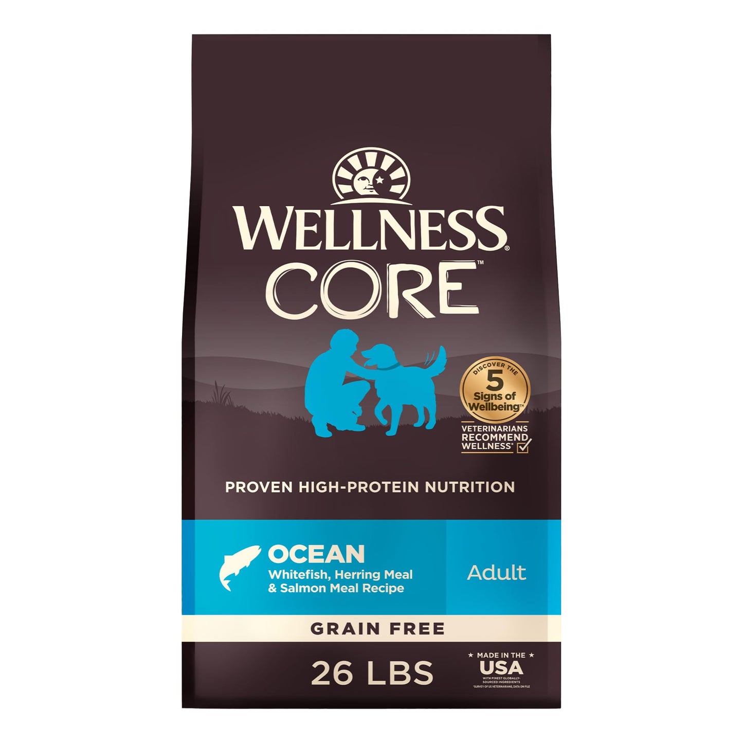 Wellness CORE Adult Dry Dog Food, Grain Free Kibble, Natural, High Protein, Chicken Free, Whitefish, Herring and Salmon Recipe, 26 lb Bag