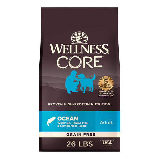 Wellness CORE Adult Dry Dog Food, Grain Free Kibble, Natural, High Protein, Chicken Free, Whitefish, Herring and Salmon Recipe, 26 lb Bag