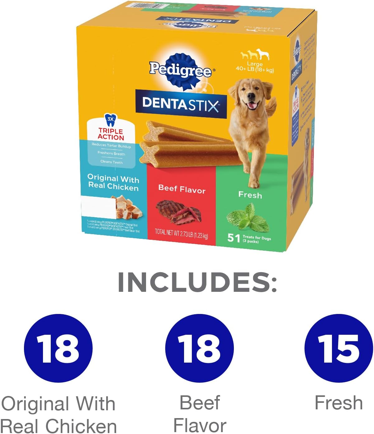 Pedigree Dentastix Large Breed Dog Treats, Original, Beef & Fresh Flavor Dental Chews for Dogs, 2.73 lb. Variety Pack (51 Treats)