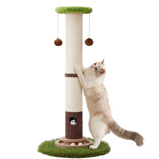 34inches Tall Cat Scratching Post with Cat Ball Track Toy Heavy Duty and Thicker Large Diameter Natural Sisal Cat Scratcher Post for Indoor Cats Protect Your Furniture