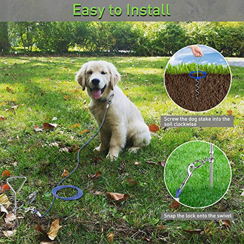 Dog Tie Out Cable and Anti Rust Spiral Stake , 30ft Outside Leash&Chain for Camping and Yard, 16'' Heavy Duty for Medium-Large Dogs Up to 125 lbs