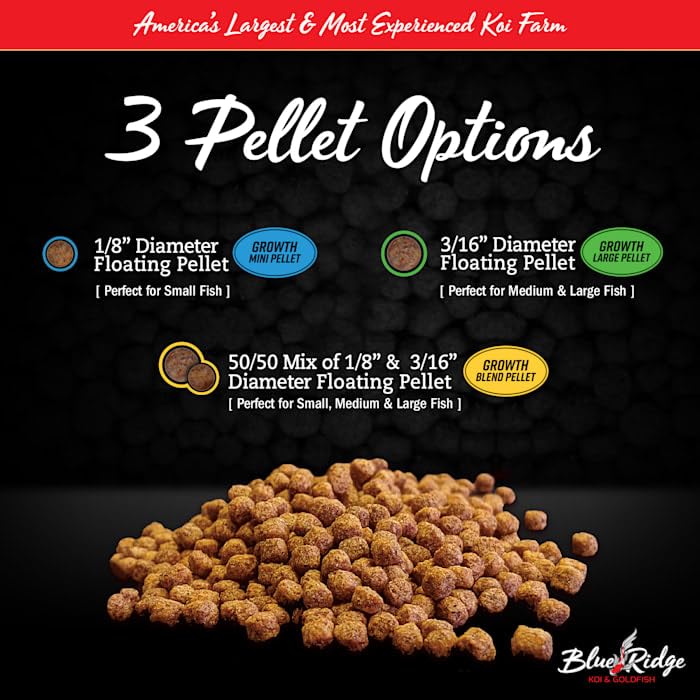Blue Ridge Koi Fish Food 14lb - Koi Food 3/16” Large and Mini Blend Growth Formula, Goldfish Food, Premium Fish Food for Ponds, Ponds Fish Food, Floating Pond Pellets