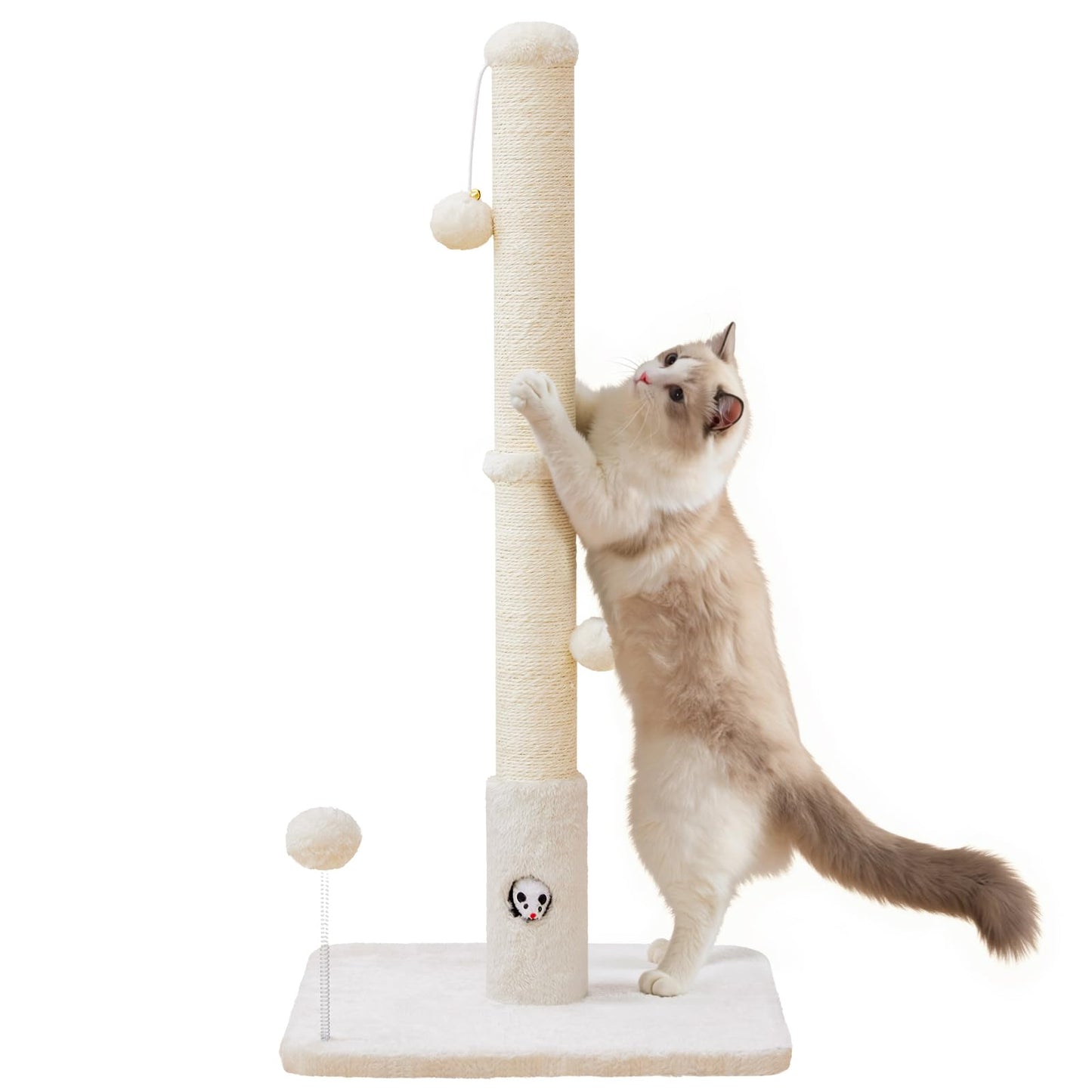 Cat Scratching Posts 33" for Adults Cats, Cat Scratcher with Soft Fabric Covering Base and Durable Sisal Rope, Scratcher with Fun Mouse Hole and Cat Toy for Tall Cats (White)
