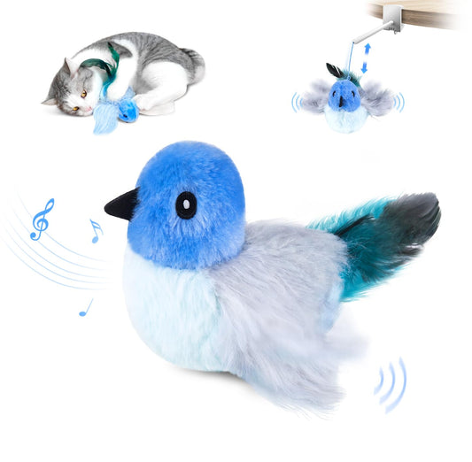 Migipaws Interactive Flapping Bird Cat Toys with Rod, clamp, Elastic String and Catnip, Automatic Chirping Toys for Indoor Cats to Chase, Hanging Feathers for Kitten to Self Play,Rechargeable(Blue)