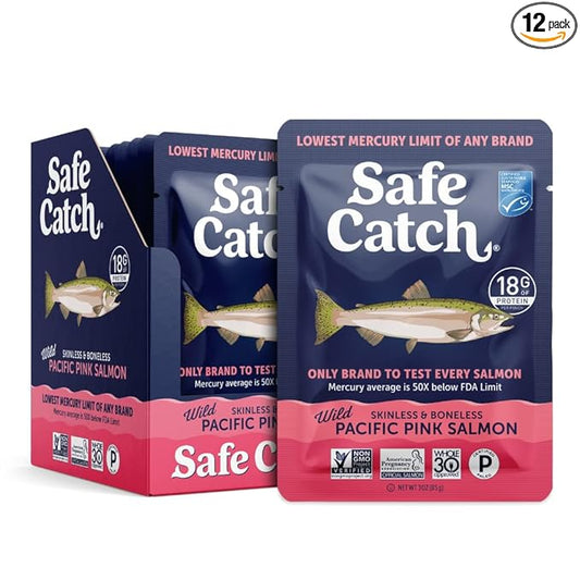 Safe Catch Wild Pacific Pink Salmon Skinless Boneless Wild-Caught Salmon Fish Pouch, Mercury Tested, Kosher, 12-Pack Salmon Pouches 3oz Packets