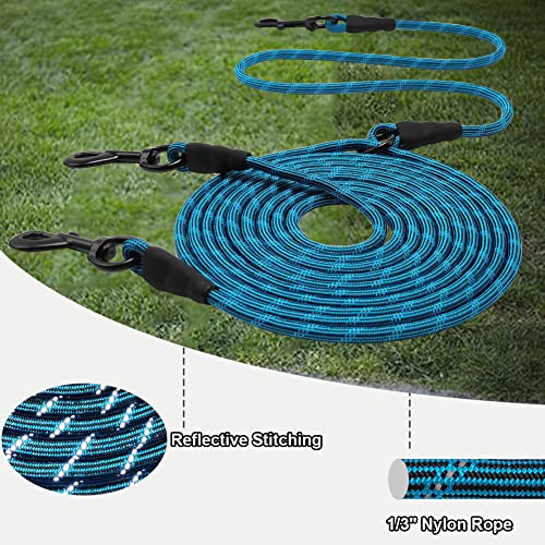 BTINESFUL 12FT 20FT 30FT 50FT Reflective Dog Tie Out for 2 Dogs, No Tangle 20ft by 1/3 Inch Nylon Rope Long Tether for Two Dogs, Dog Trolley Runner