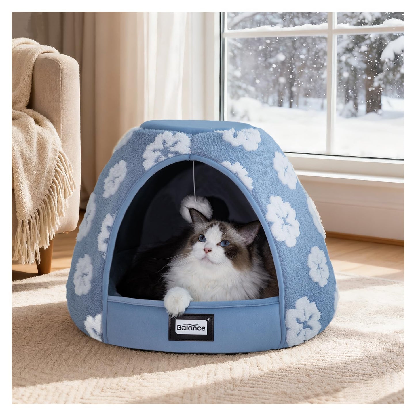 BALANCE Cat Beds for Indoor Cats, 2-in-1 Cat Bed Cave with Anti-Slip Bottom and Ultra-Soft Plush, Cozy Cats House Tent for Kittens and Small Dogs, 19 Inches, Blue