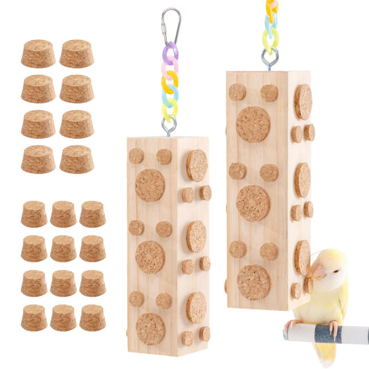 2 Pcs Wooden Bird Chew Toys - 7.9 Inch Hanging Parrot Toys, with 92 Detachable Corks, Relieve Boredom & Anxiety, Foraging Toys, for Parakeet, Cockatiel, Conure, Budgie, Lovebird