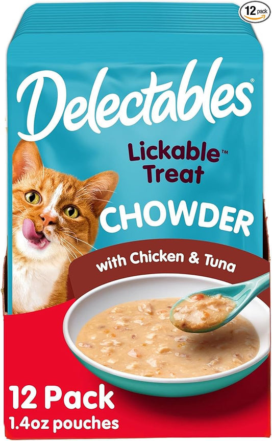 Delectables Lickable Treat Chowder Wet Cat Treat with Real Tuna & Chicken, Food Topper, Hydrating, Grain-Free, No Fillers, By-Products, Added Preservatives, 1.4oz Pouch, 12ct