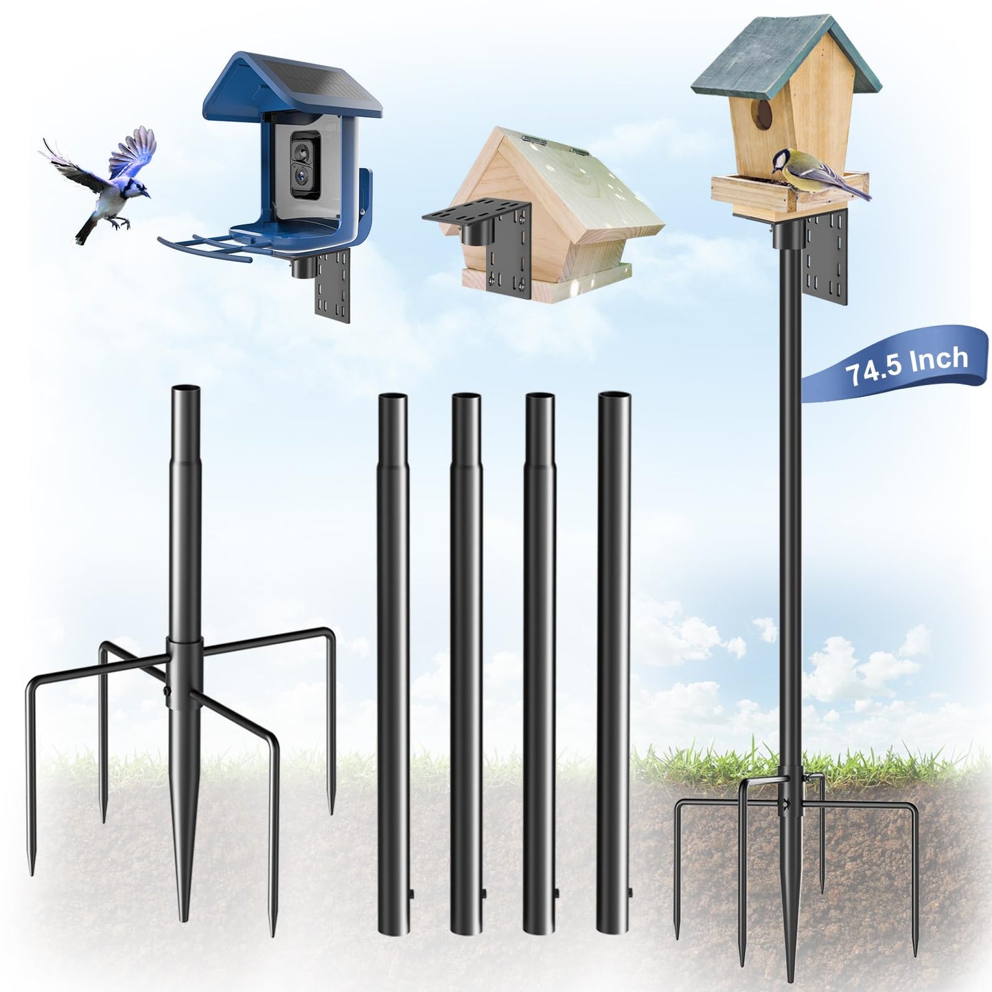 Bird Feeder Pole Stand – 74.5 Inch Height Feeding Station with 1-Inch Dia Heavy Duty for Hanging Feeders, Bird House Pole Mount Kit for Outdoor, Slip-Fit Connection