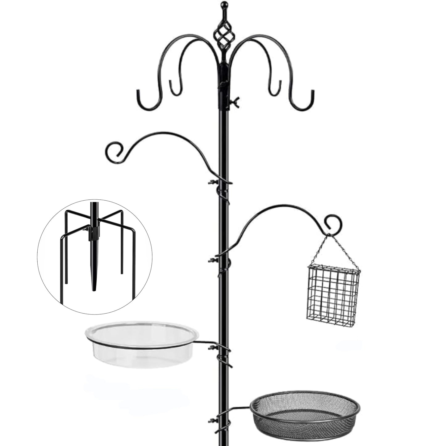 Bird Feeding Station, 90.55in 6-Hook Wild Bird Feeder Stand Pole with Water & Mesh Tray Humming Bird Feeders for Outdoors Easy Assembly for Courtyards Gardens (Black)