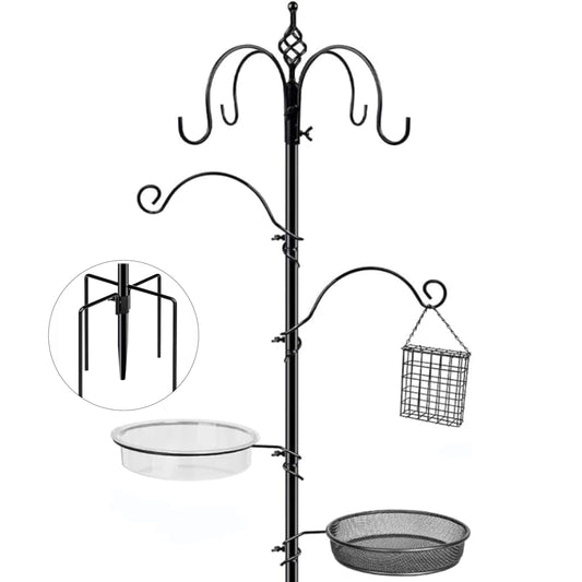 Bird Feeding Station, 90.55in 6-Hook Wild Bird Feeder Stand Pole with Water & Mesh Tray Humming Bird Feeders for Outdoors Easy Assembly for Courtyards Gardens (Black)