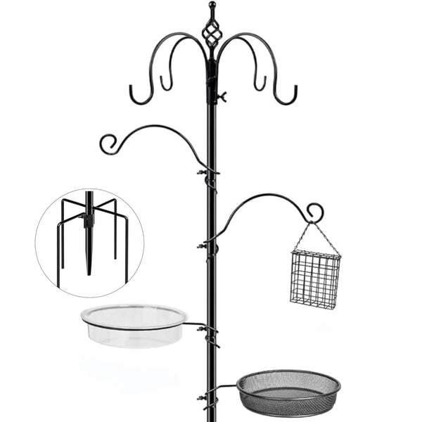 Bird Feeding Station, 90.55in 6-Hook Wild Bird Feeder Stand Pole with Water & Mesh Tray Humming Bird Feeders for Outdoors Easy Assembly for Courtyards Gardens (Black)