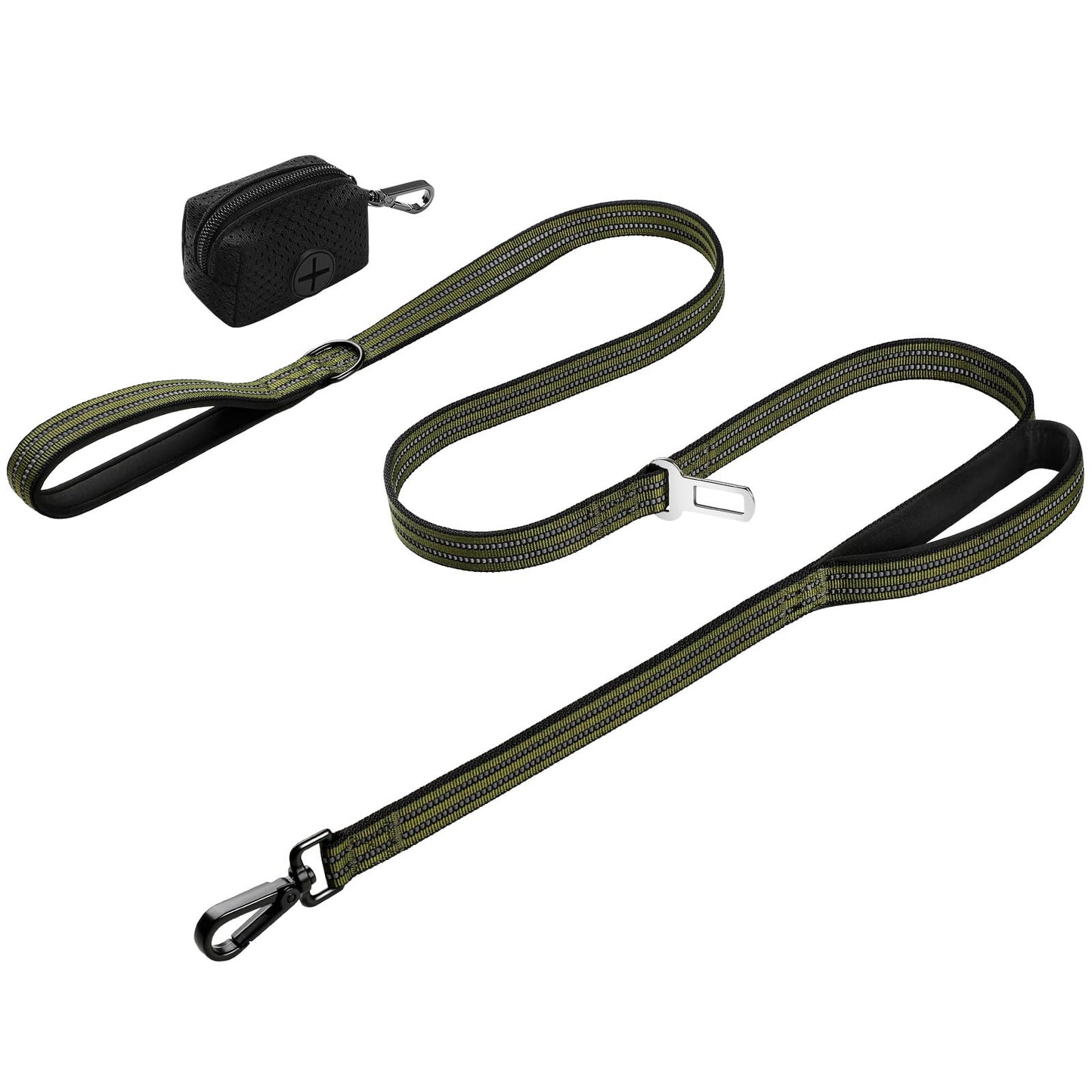 WINGOIN Dog Leash for Large Medium Dogs, Heavy Duty Dog Leashes with Double Handle, Poop Bag Holder, Metal Clip, Car Seat Belt Buckle, Reflective