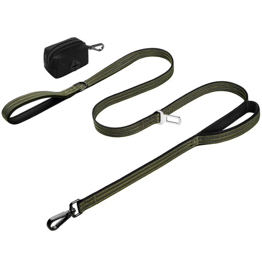 WINGOIN Dog Leash for Large Medium Dogs, Heavy Duty Dog Leashes with Double Handle, Poop Bag Holder, Metal Clip, Car Seat Belt Buckle, Reflective