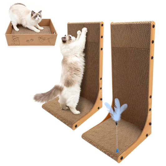 Cat Scratching Post, 3-in1 Scratching Board for Indoor Cats, 2PK 22in L-Shaped Cat Scratcher with 1PK Cardboard Box Scratch Pad, Cats Scratch Furniture Protector with Feathered Toy