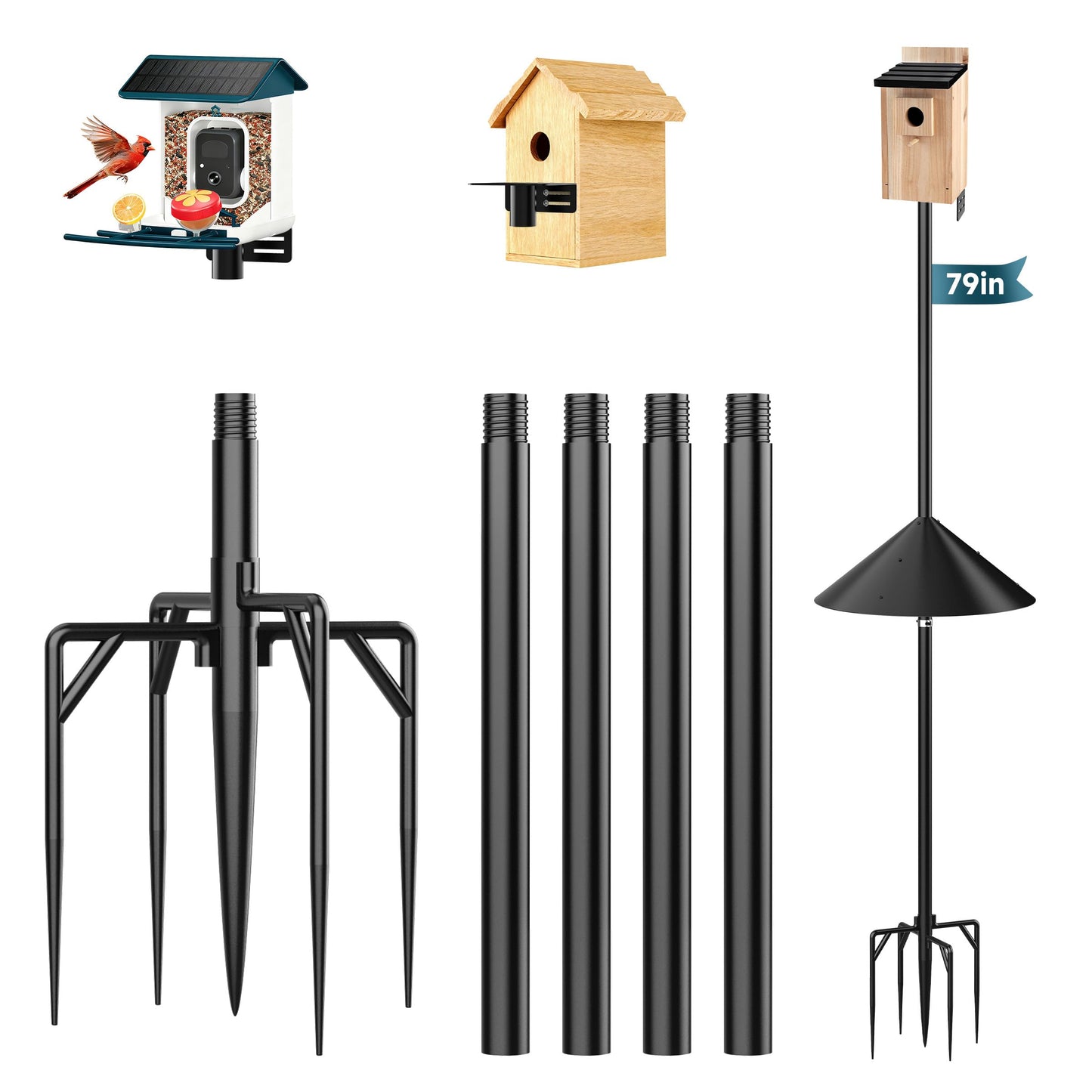 Smart Bird Feeder Pole Stand with Proof Squirrel Baffle - Dia 1 Inch Bird House Pole 79", Feeding Station for Outdoors Heavy Duty, Compatible Post Mount