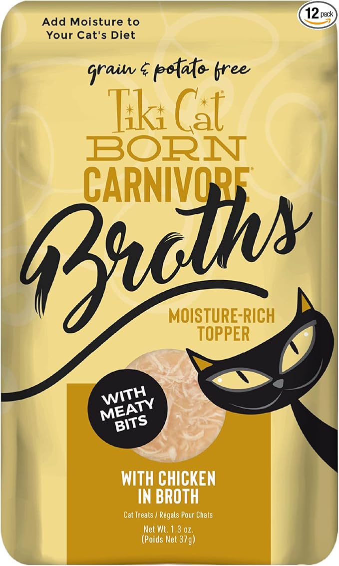 Tiki Cat Born Carnivore Broths Wet Cat Food Topper, Chicken, 1.3 oz. Pouch (12 Count)