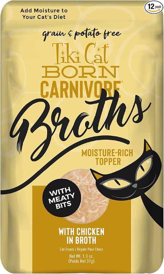 Tiki Cat Born Carnivore Broths Wet Cat Food Topper, Chicken, 1.3 oz. Pouch (12 Count)