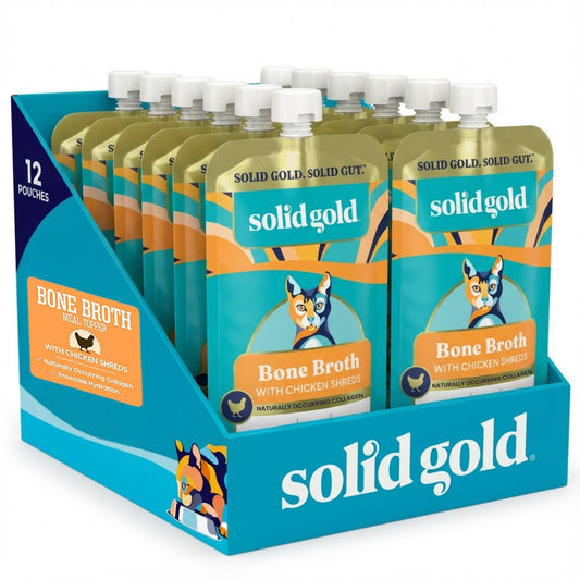 Solid Gold Bone Broth Cat Food Topper - Limited Ingredient Lickable Cat Broth Pouches w/Chicken Protein Shreds & Collagen for Hydration & Gut Support - Easy to Serve Gravy for Cats Meal Topper - 12ct