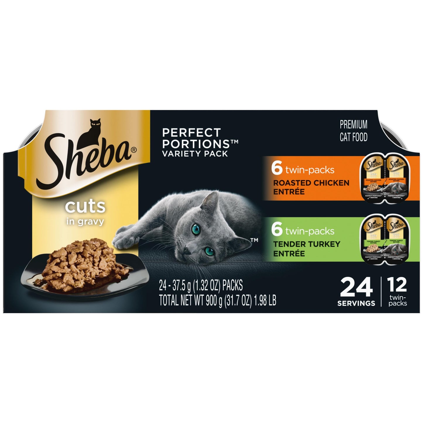 Sheba Perfect Portions Wet Cat Food Cuts in Gravy, Cat Food Wet Recipe, Roasted Chicken Entree and Turkey Entree, Variety Pack, Twin-Pack Trays (12 Count, 24 Servings)