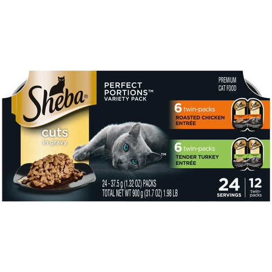 Sheba Perfect Portions Wet Cat Food Cuts in Gravy, Cat Food Wet Recipe, Roasted Chicken Entree and Turkey Entree, Variety Pack, Twin-Pack Trays (12 Count, 24 Servings)