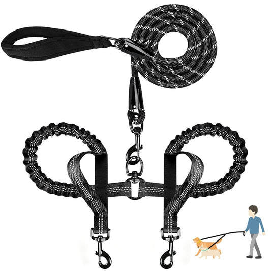 Durable Double Dog Leash Two Dog Leash No Tangle with Padded Handles & Reflective Strips for Medium Large Dogs, Comfortable Shock Absorbing Bungee