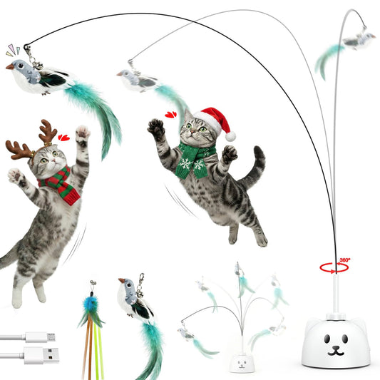 Interactive Cat Toys for Indoor Cats: Upgraded 360° Automatic Spin Flying Bird Feather Wand with Silicone Protected Rod Safe Play, Strong 8cm Suction Cup, USB-Rechargeable for Bored Kittens and Adult