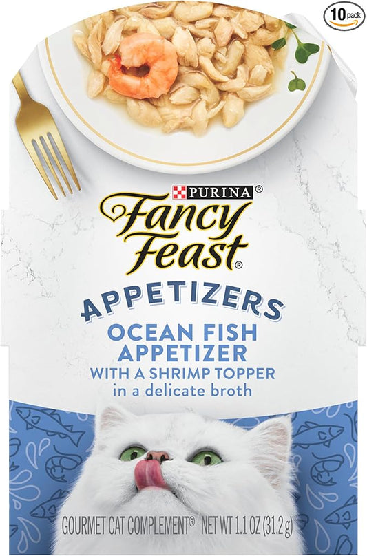 Purina Fancy Feast Lickable Appetizers Grain Free Wet Cat Food Topper Ocean Fish Appetizer with a Shrimp Cat Food Topper - (Pack of 10) 1.1 oz. Trays