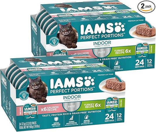 IAMS Perfect Portions Indoor Adult Grain Free Wet Cat Food Pate, Turkey and Salmon Recipe, 2.6 oz. Twin-Pack Trays (12 Count, 24 Servings) (Pack of 2)