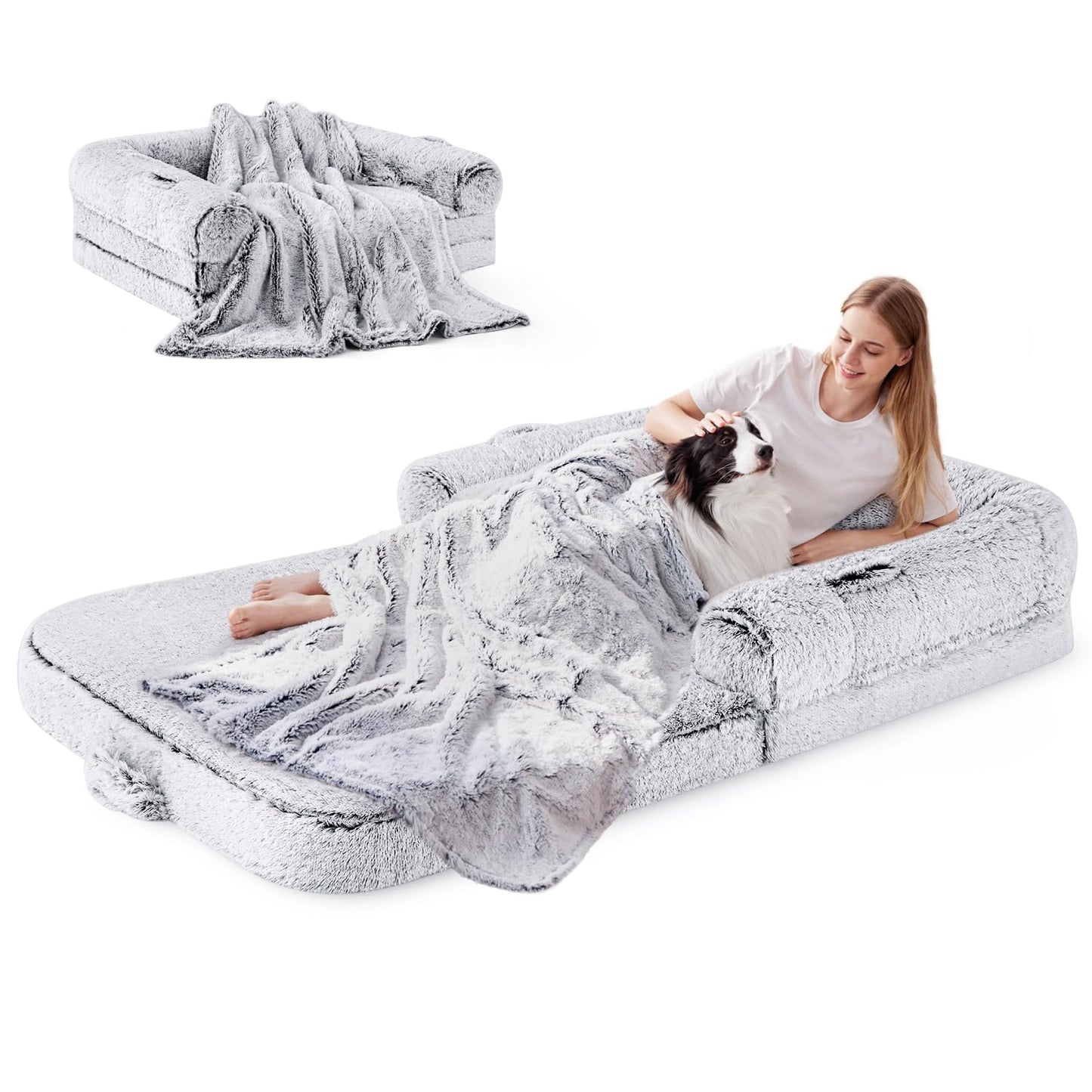 Human Dog Bed for Adult, 2 in 1 Foldable Giant Dog Bed for People Fits Pet Families, Egg Foam Supportive Mat, Waterproof Liner, Faux Fur Human Size Pet Bed with Blanket, 71"x43"x10", Grey