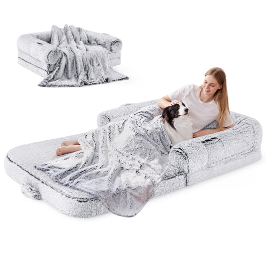 Human Dog Bed for Adult, 2 in 1 Foldable Giant Dog Bed for People Fits Pet Families, Egg Foam Supportive Mat, Waterproof Liner, Faux Fur Human Size Pet Bed with Blanket, 71"x43"x10", Grey