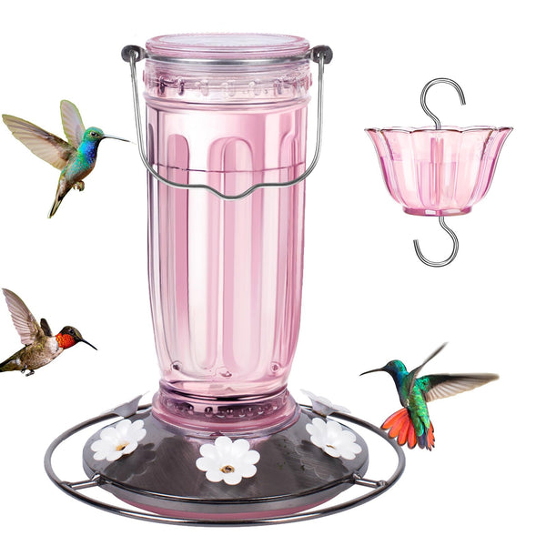 Kingsyard Glass Hummingbird Feeder for Outdoors Wild Bird Feeder with 6 Feeding Ports Hanging for Garden Yard, Pink (Ant Moat Included)