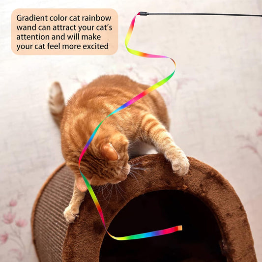 M JJYPET Cat Wand Toys Interactive Kitten Toys for Indoor Cats Colorful Teaser Wand String for Exercise Kitten Stick Kitty Rope Toy Rainbow Ribbon Cat Charmer -2Pcs