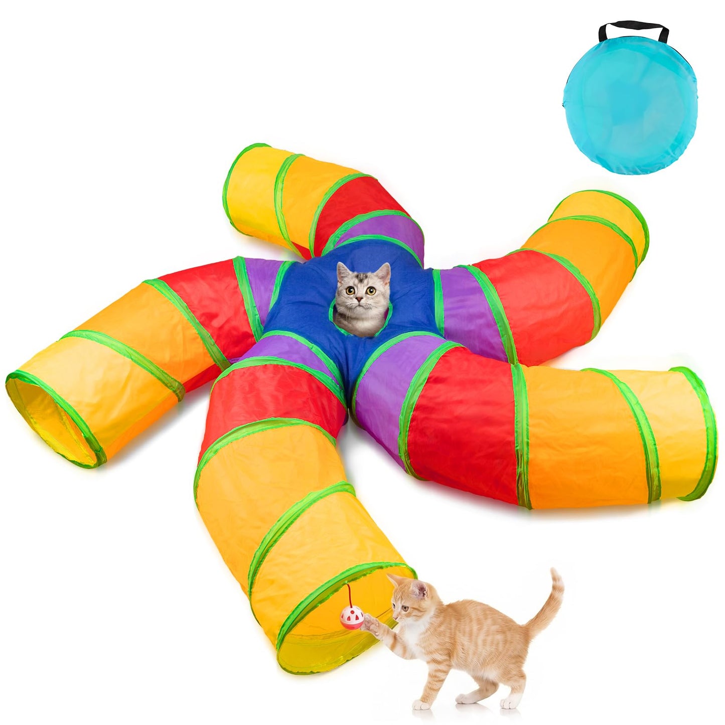 Depets Cat Tunnel for Indoor Cats, 5 Way Large Cat Play Tunnel & Tube with Play Ball, S-Shaped Folded Pet Tube with Interactive Peephole, Ideal for