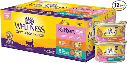 Wellness Complete Health Pate Variety Pack Kitten Canned Wet Cat Food, Natural, Protein Rich, Grain Free, Whitefish and Chicken Recipes, 3 oz, Pack of 12 Cans