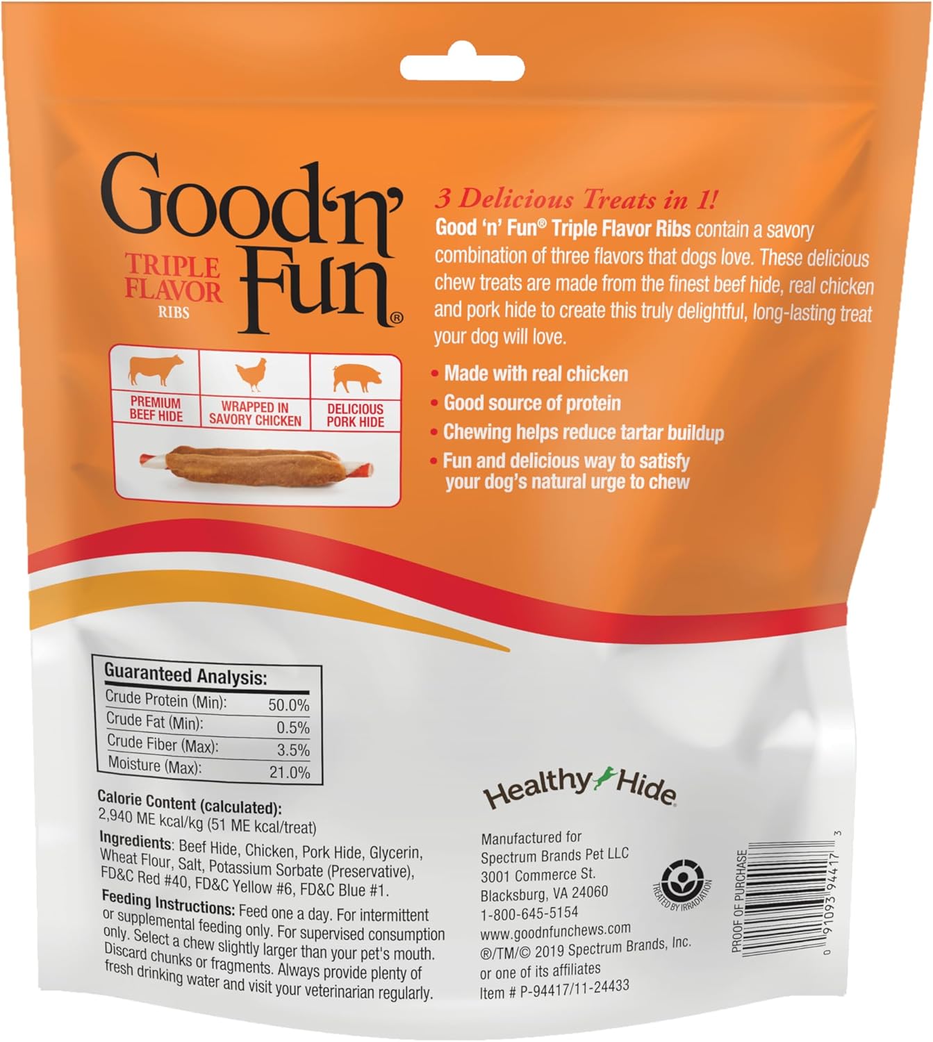Good ‘n’ Fun Triple Flavor Ribs Chews for All Dogs, 12 Ounces, Treat Your Dog to Long-Lasting Chews Made with Beef Hide, Chicken and Pork Hide