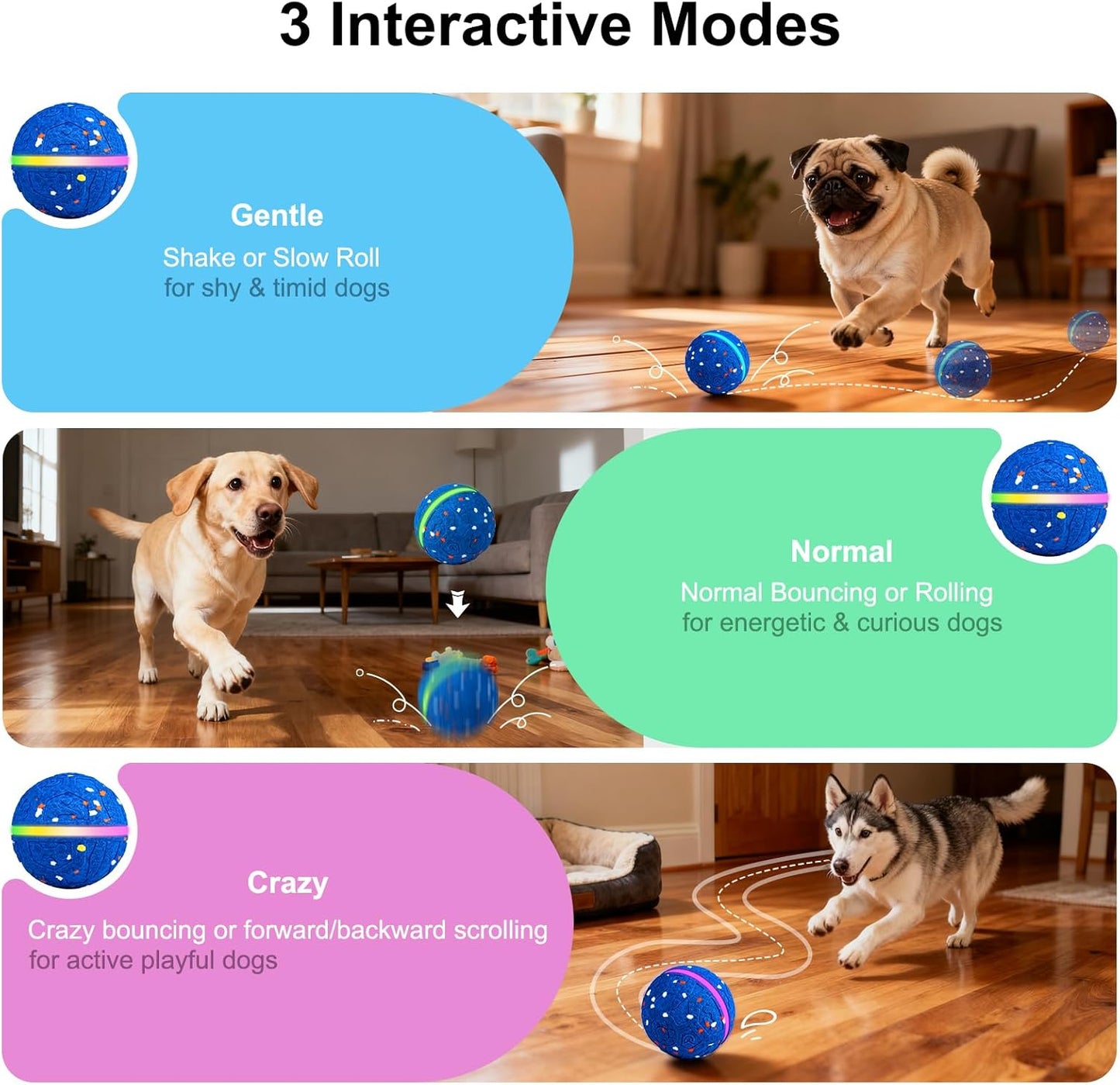 Interactive Dog Toys Dog Ball, Durable E-TPU Material,3 Play Modes with Colorful Lights, Automatic Moving, Bouncing and Rotating for Medium and Large Dogs Indoor & Outdoor (Blue)