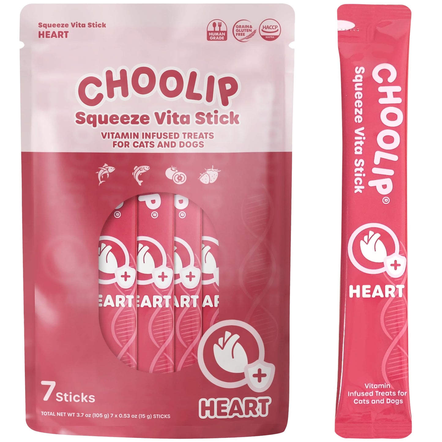Choolip Squeeze Vita Stick Lickable Cat and Dog Treats, 7-Count Heart Support, Salmon and Tuna with CoQ10, Taurine and L-Carnitine, Grain-Free, Vet-Formulated